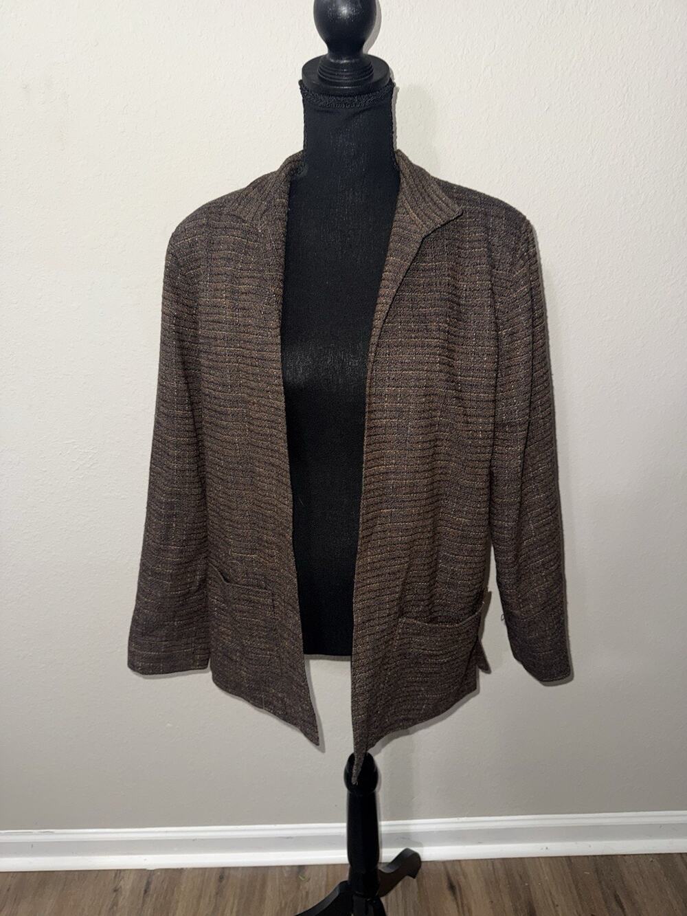 Brooks Brothers Womens Blazer Sz 12 Brown Tweed Slub Knit Open Front Academia